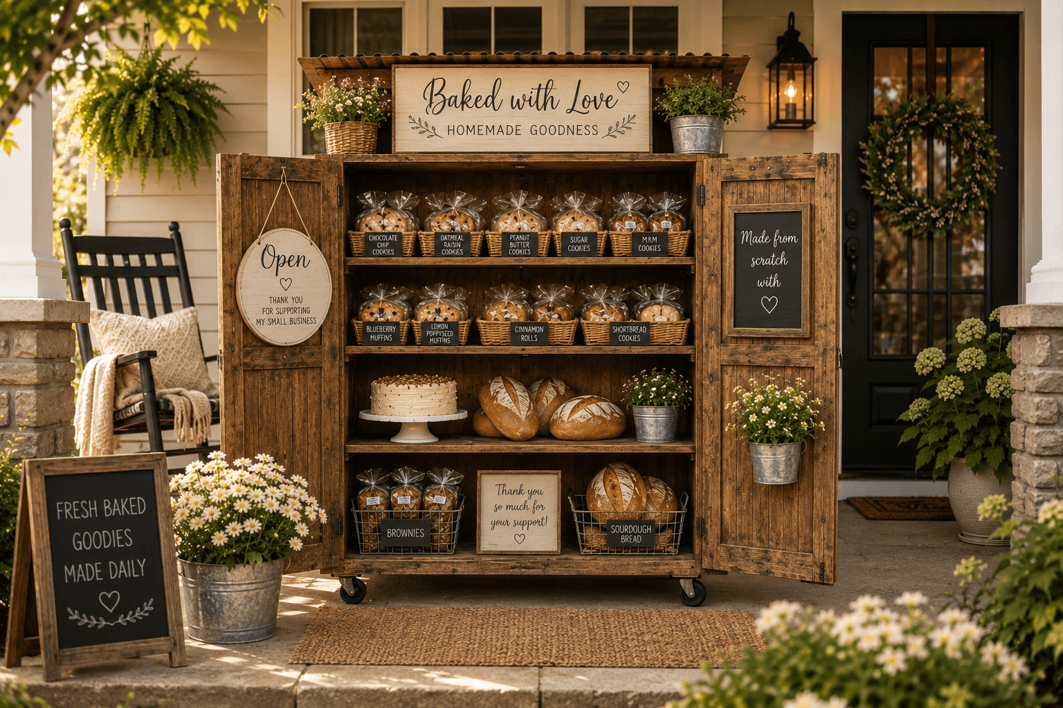A home bakery's front-porch stand, open for business — shelves of labeled cookies, muffins, cinnamon rolls, a layer cake, and fresh sourdough, with a 'baked with love' sign and flowers