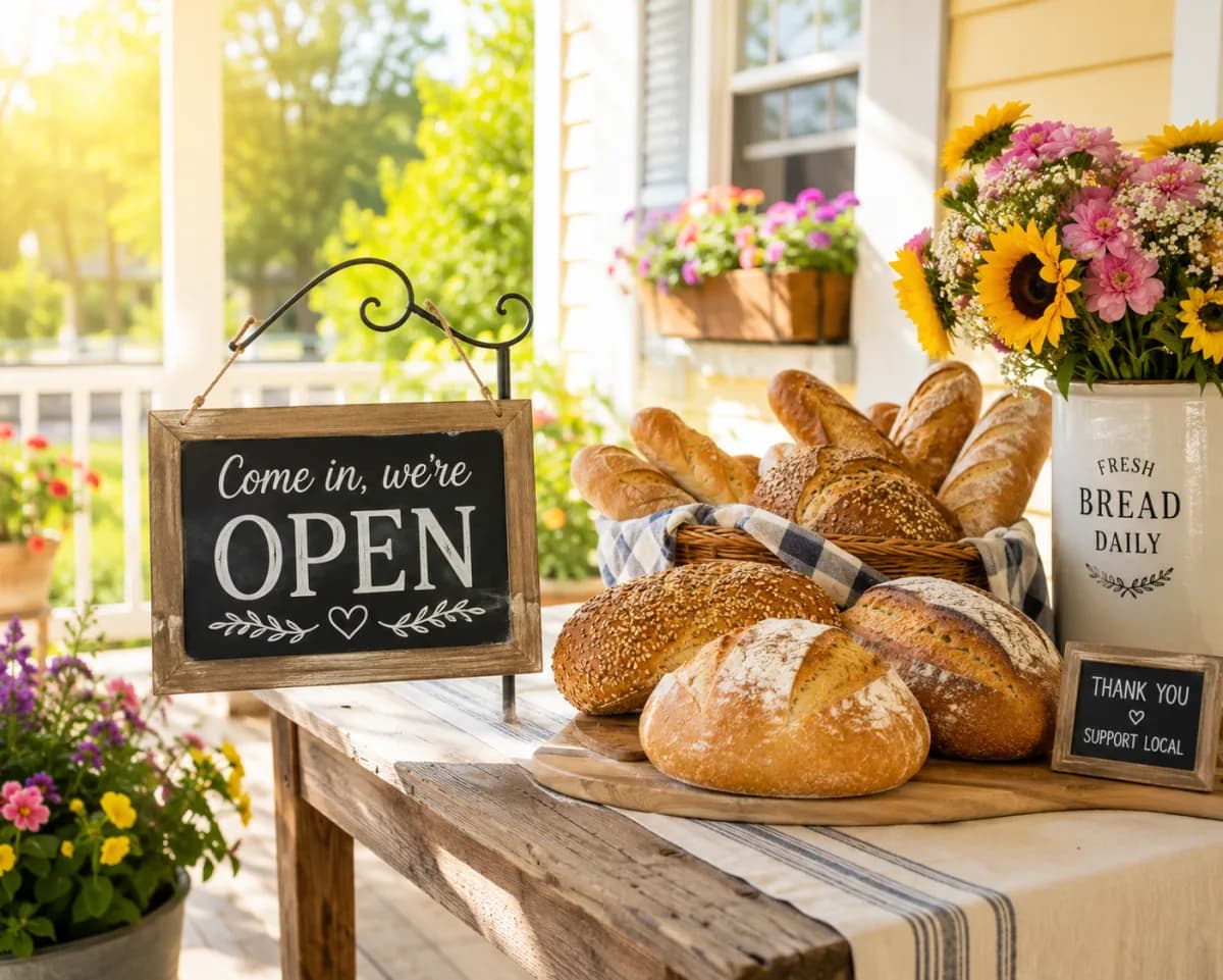 A sunlit front porch with fresh loaves on a table and an OPEN sign
